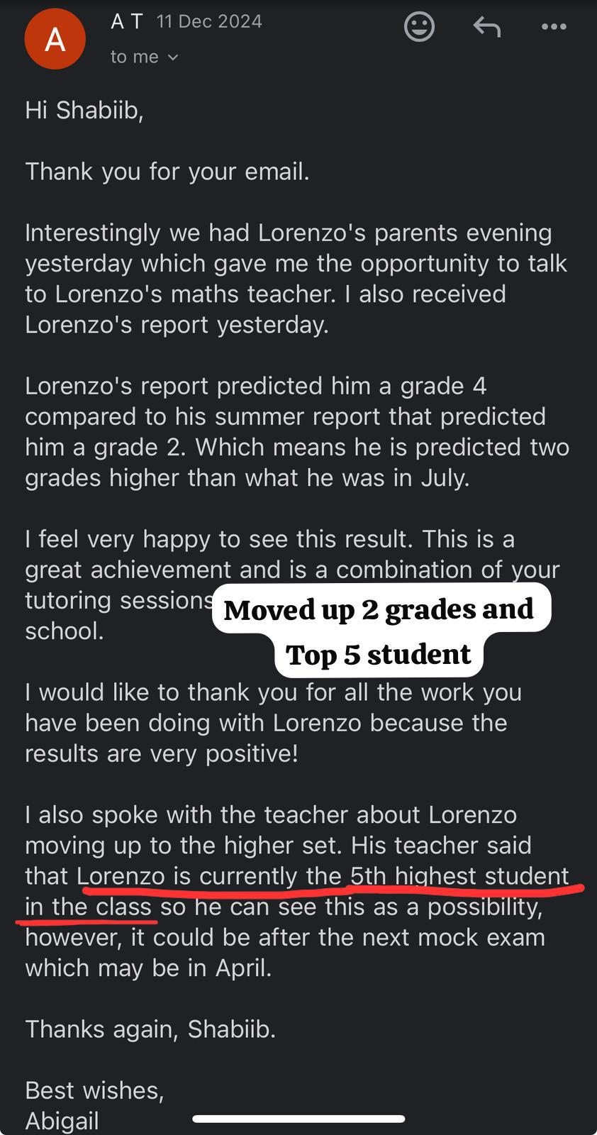 Lorenzo moved up 2 grades top 5 student 2025